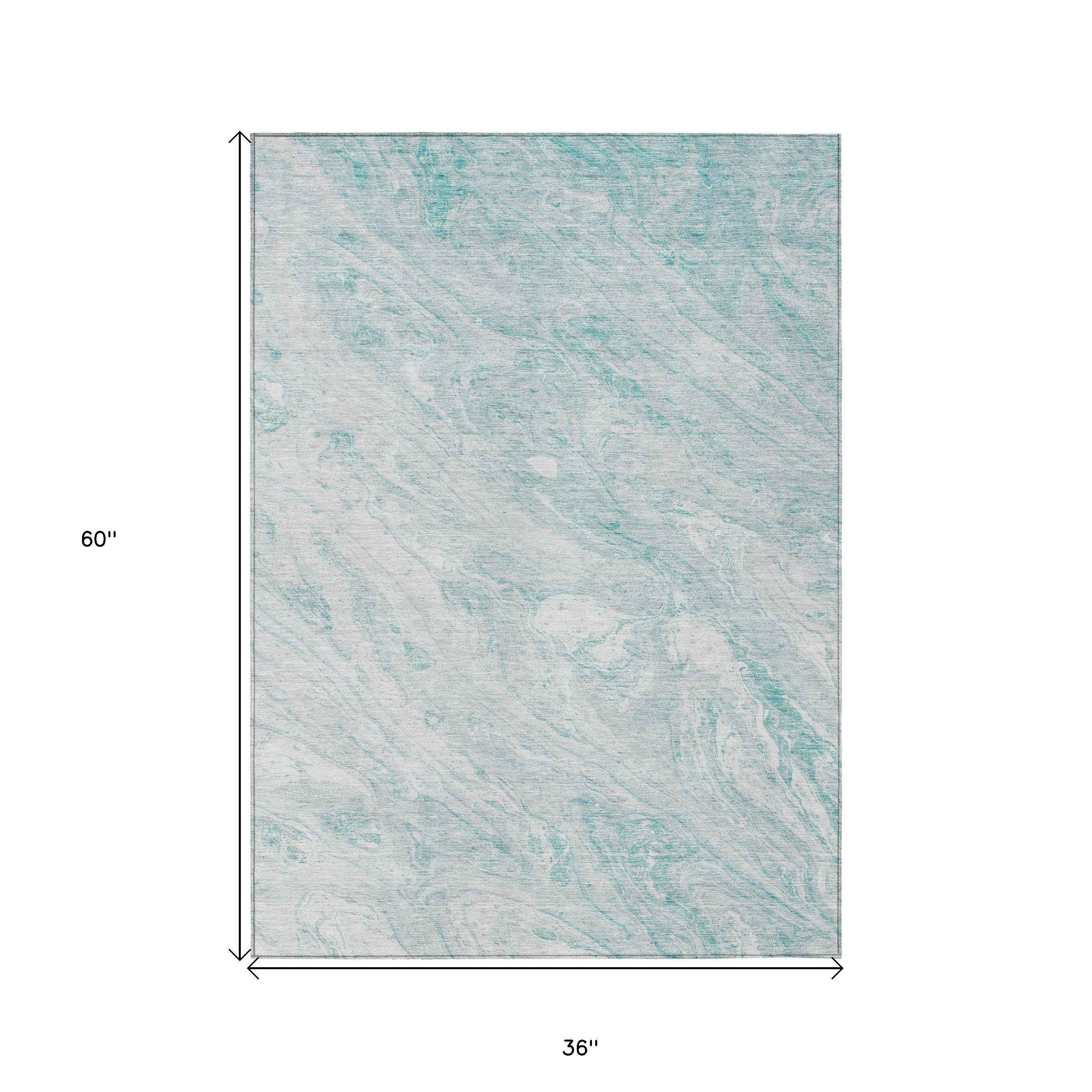 3' X 5' Aquamarine Aqua And Ivory Abstract Washable Indoor Outdoor Area Rug