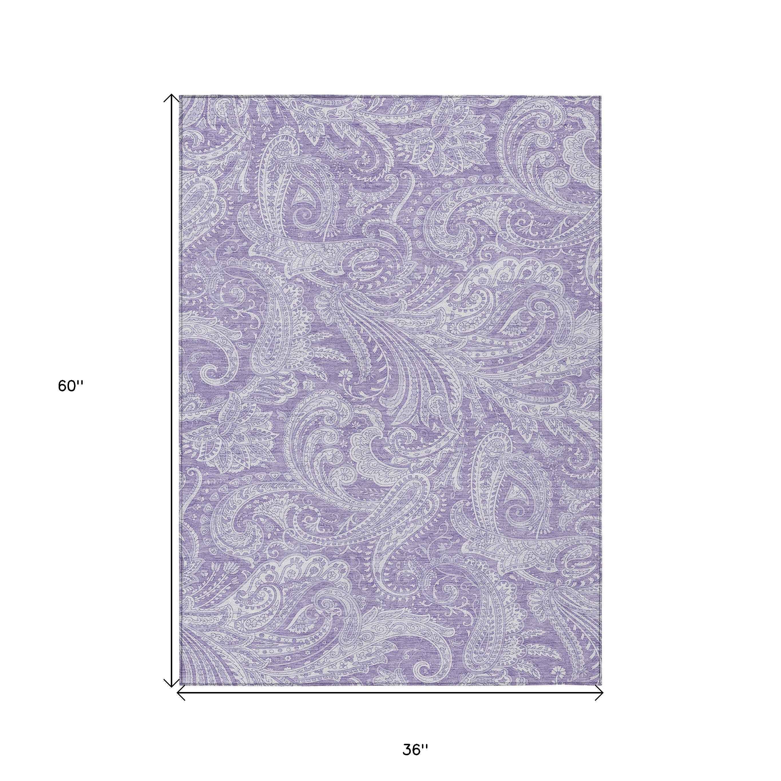 3' X 5' Lavender Purple And Ivory Paisley Washable Indoor Outdoor Area Rug