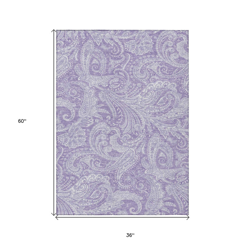 3' X 5' Lavender Purple And Ivory Paisley Washable Indoor Outdoor Area Rug