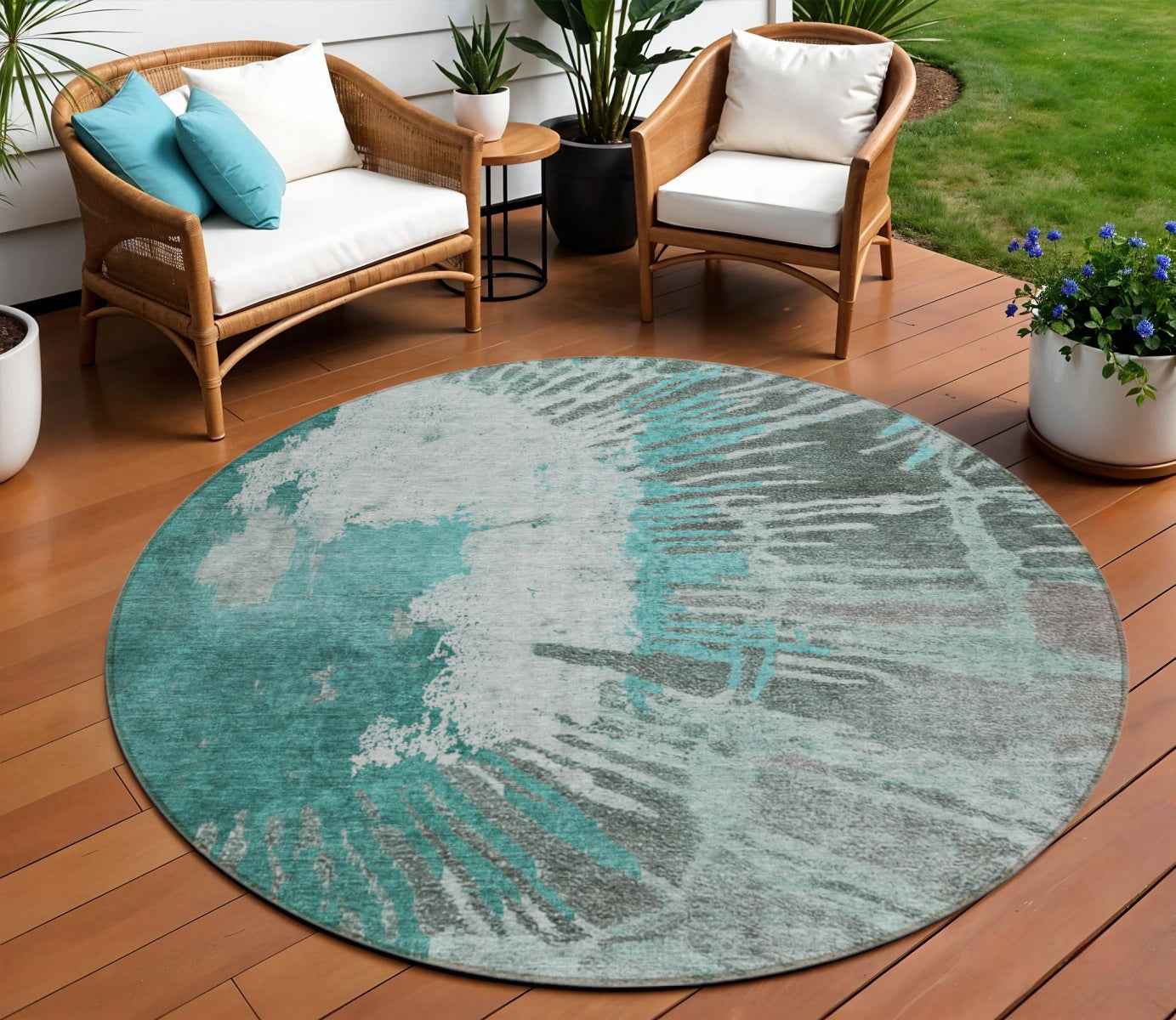 8' Dark Green Aqua And Gray Round Abstract Washable Indoor Outdoor Area Rug