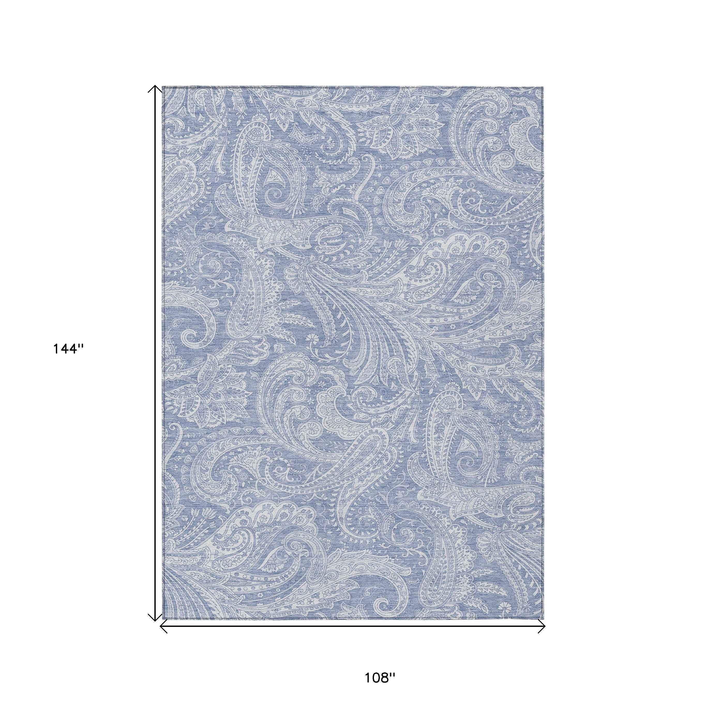 9' X 12' Denim Blue Sky Blue And Ivory Paisley Washable Indoor Outdoor Area Rug