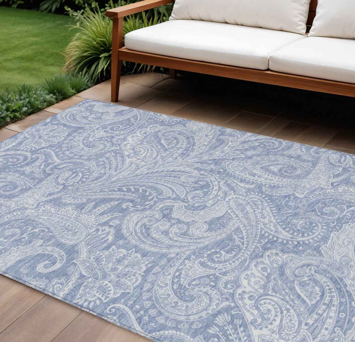 9' X 12' Denim Blue Sky Blue And Ivory Paisley Washable Indoor Outdoor Area Rug
