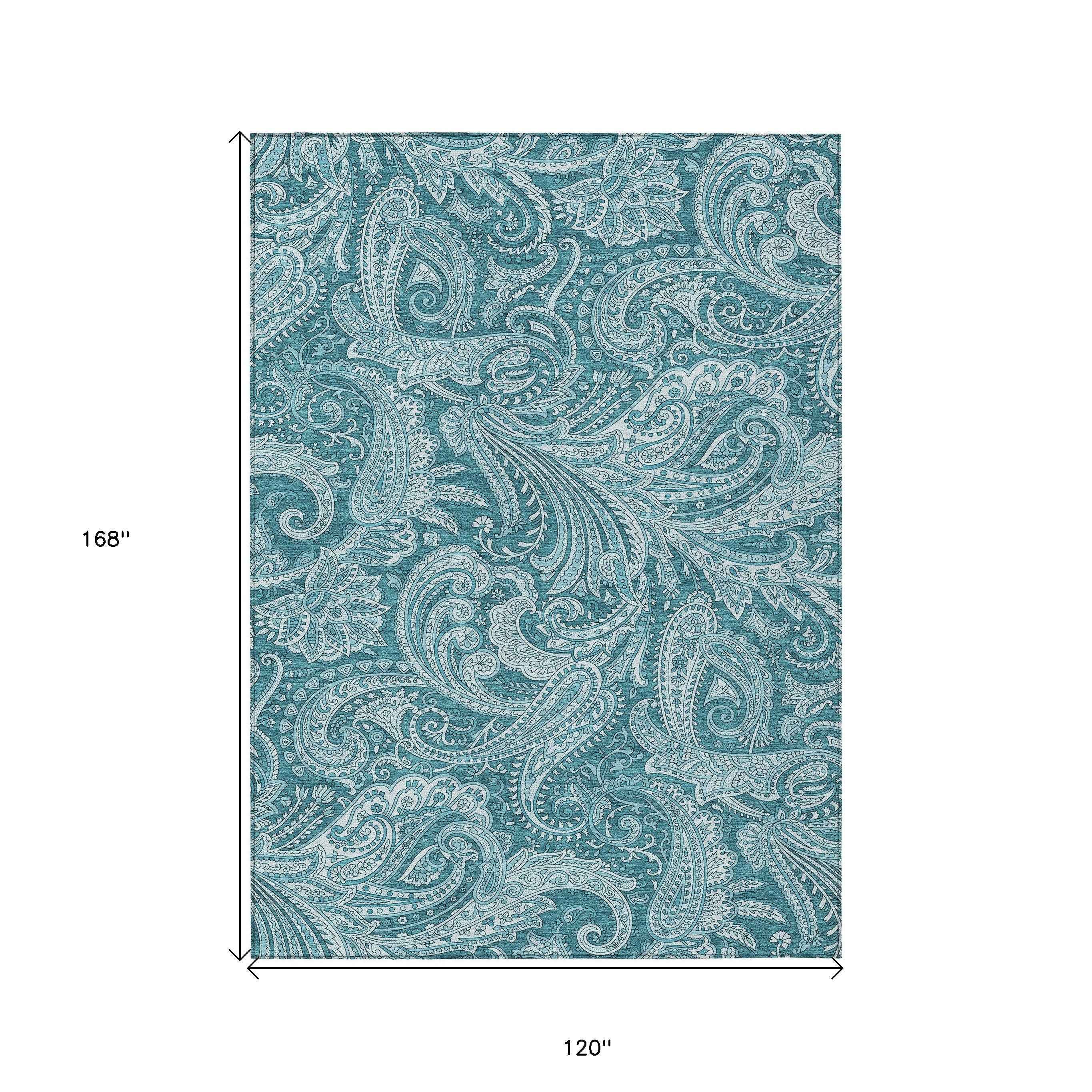 10' X 14' Turquoise And Ivory Paisley Washable Indoor Outdoor Area Rug