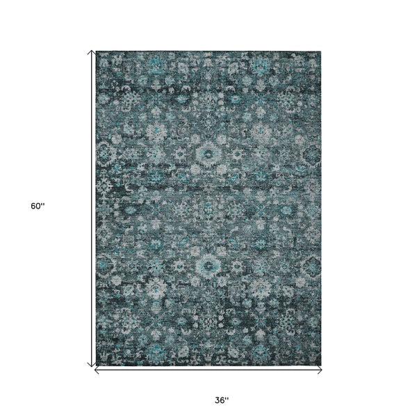 3' X 5' Dark Green Aqua And Charcoal Oriental Washable Indoor Outdoor Area Rug