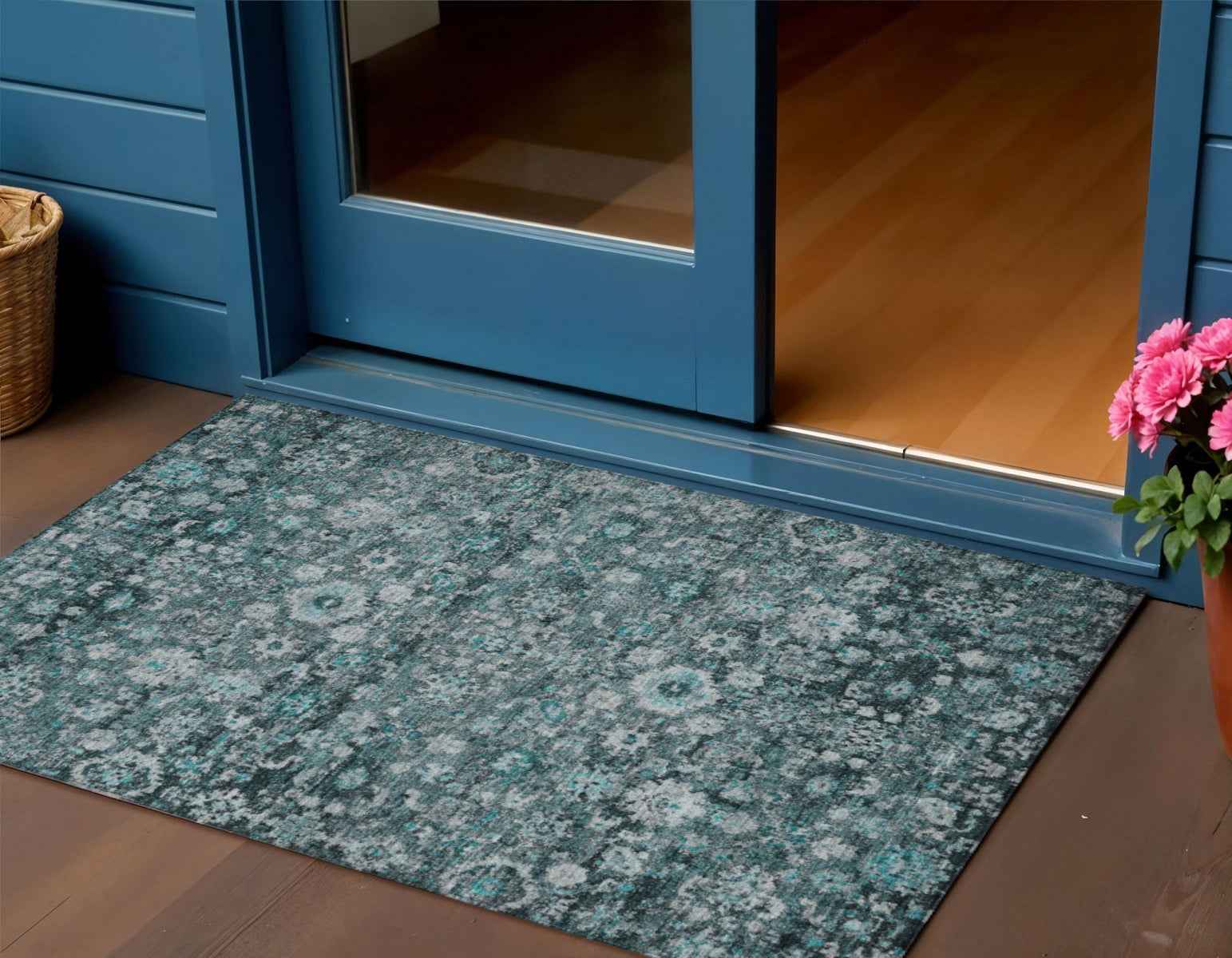 3' X 5' Dark Green Aqua And Charcoal Oriental Washable Indoor Outdoor Area Rug
