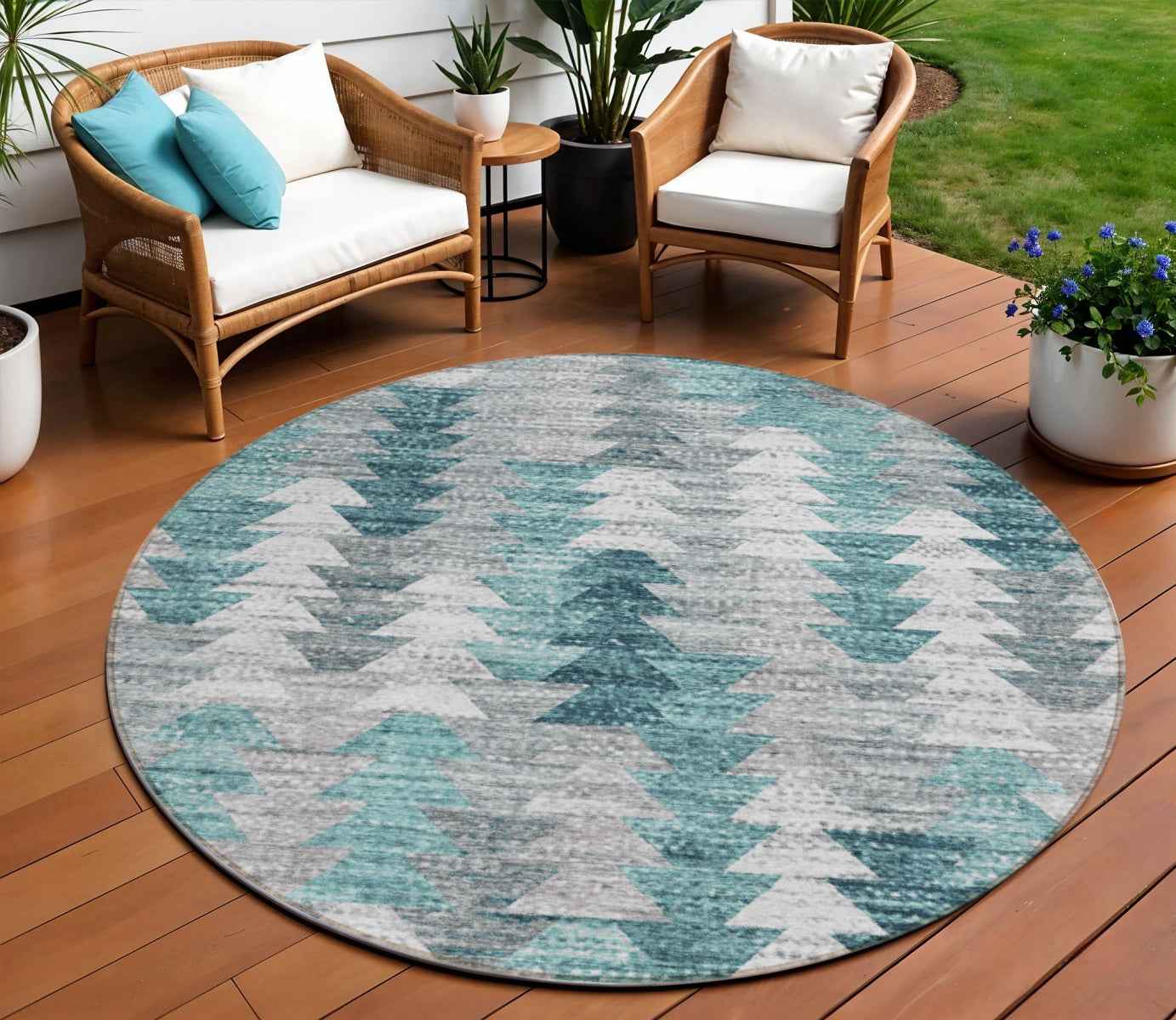 8' Dark Blue Aqua And Gray Round Geometric Washable Indoor Outdoor Area Rug