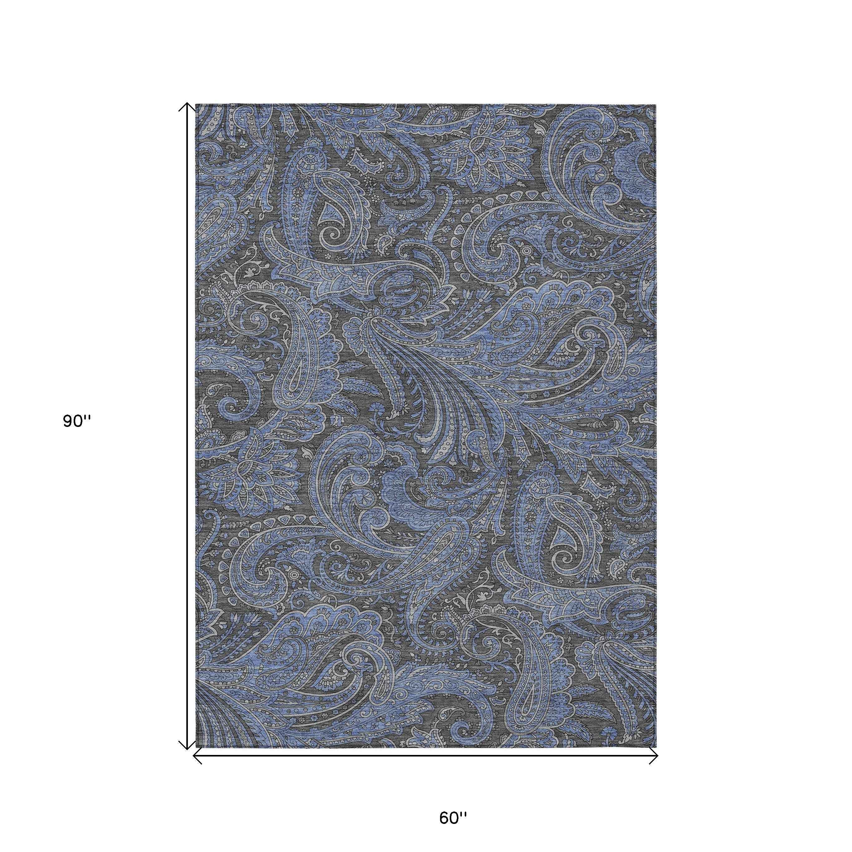 5' X 8' Charcoal Gray And Blue Paisley Washable Indoor Outdoor Area Rug