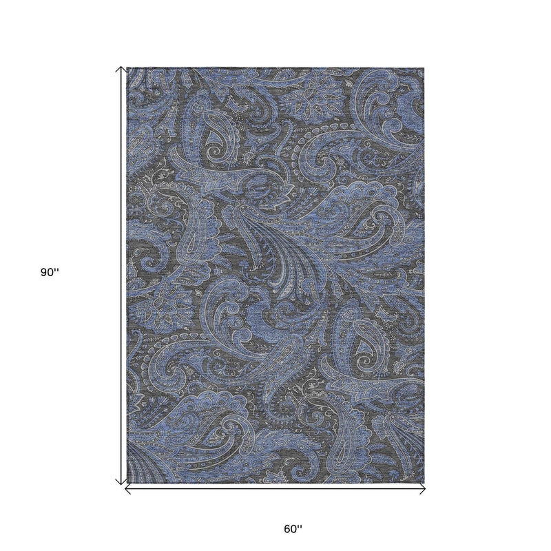 5' X 8' Charcoal Gray And Blue Paisley Washable Indoor Outdoor Area Rug
