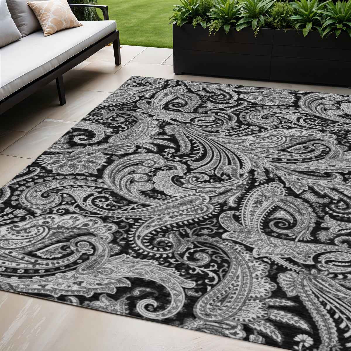 5' X 8' Black Gray And White Paisley Washable Indoor Outdoor Area Rug