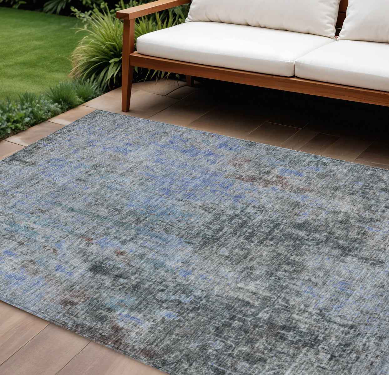 10' X 14' Gray Charcoal And Blue Abstract Washable Indoor Outdoor Area Rug