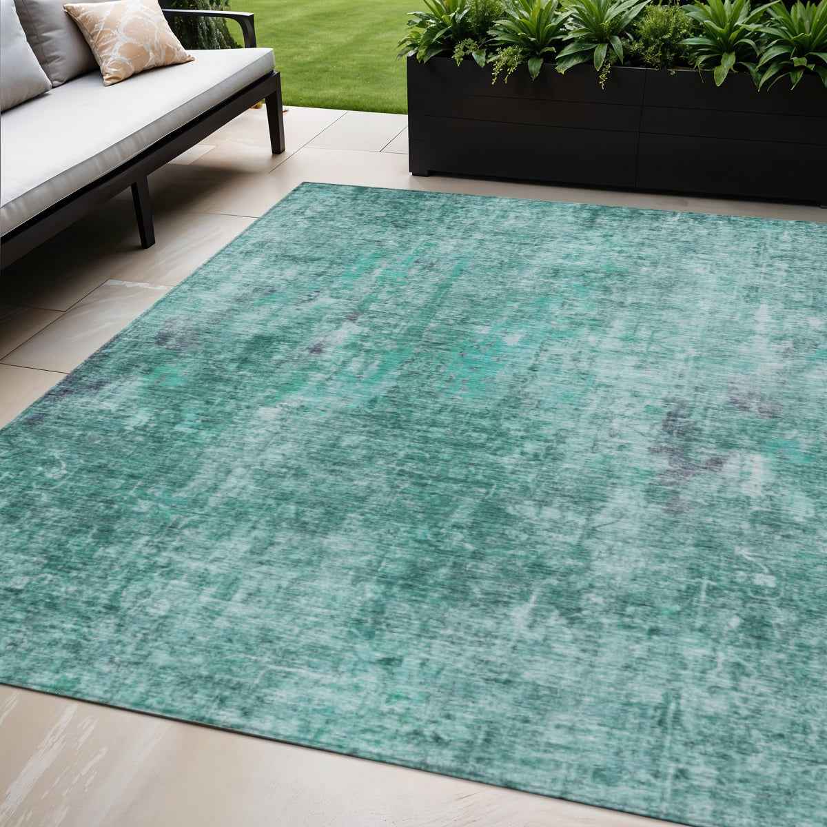 5' X 8' Teal Blue Green And Gray Abstract Washable Indoor Outdoor Area Rug