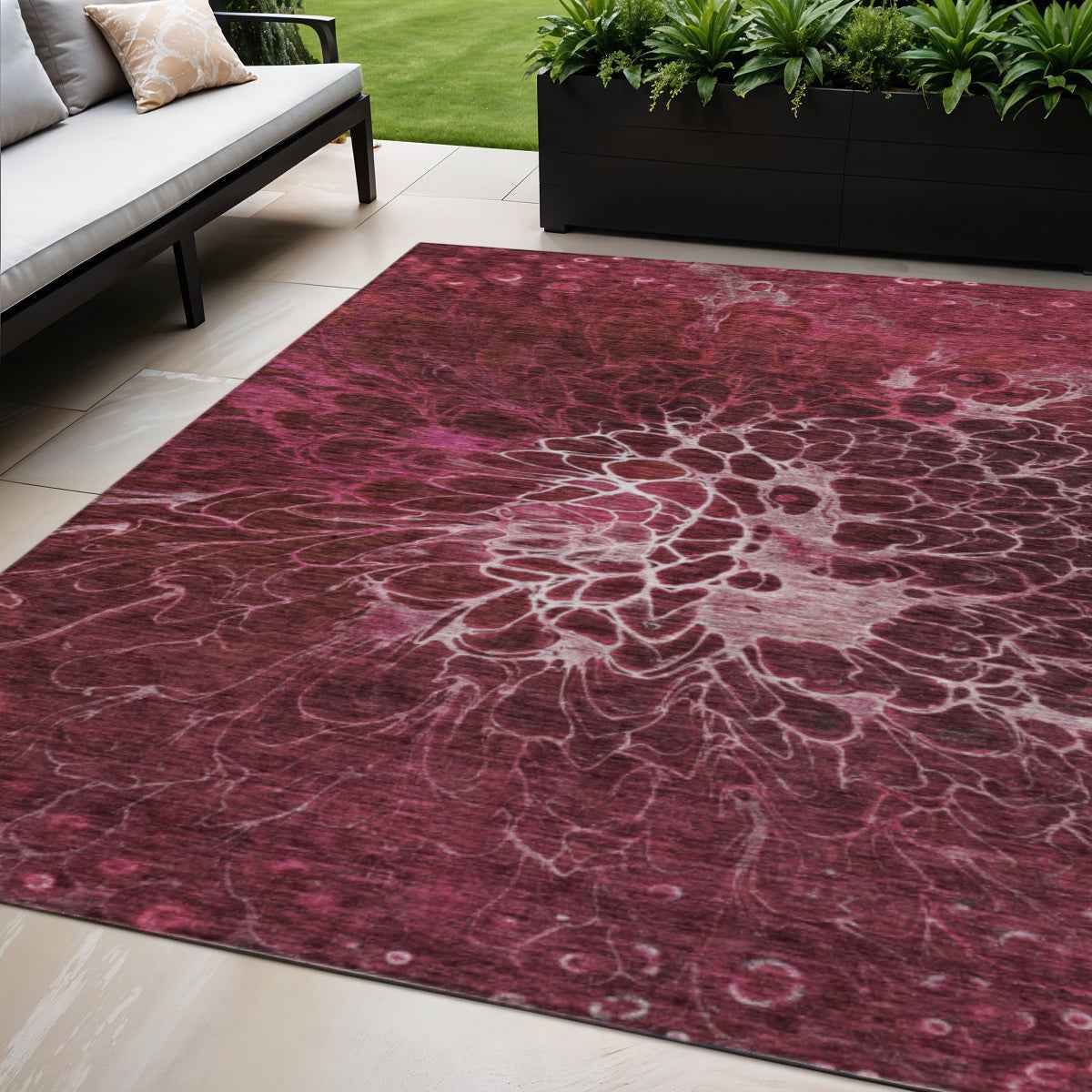 5' X 8' Merlot Blush And Gray Abstract Washable Indoor Outdoor Area Rug