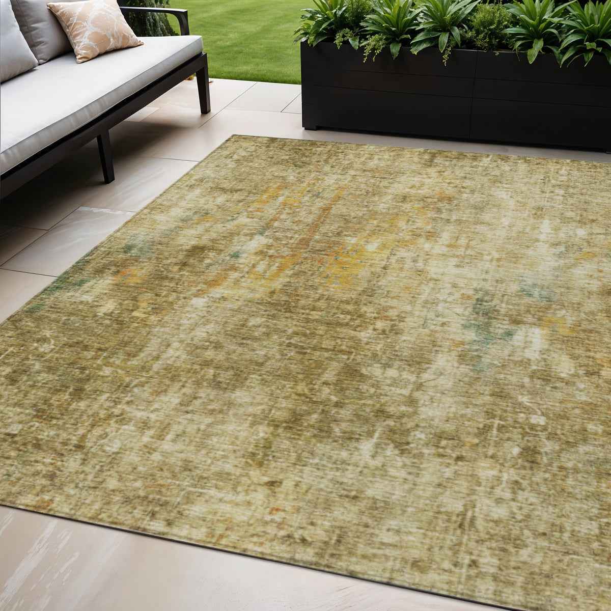5' X 8' Brown Beige And Gold Abstract Washable Indoor Outdoor Area Rug