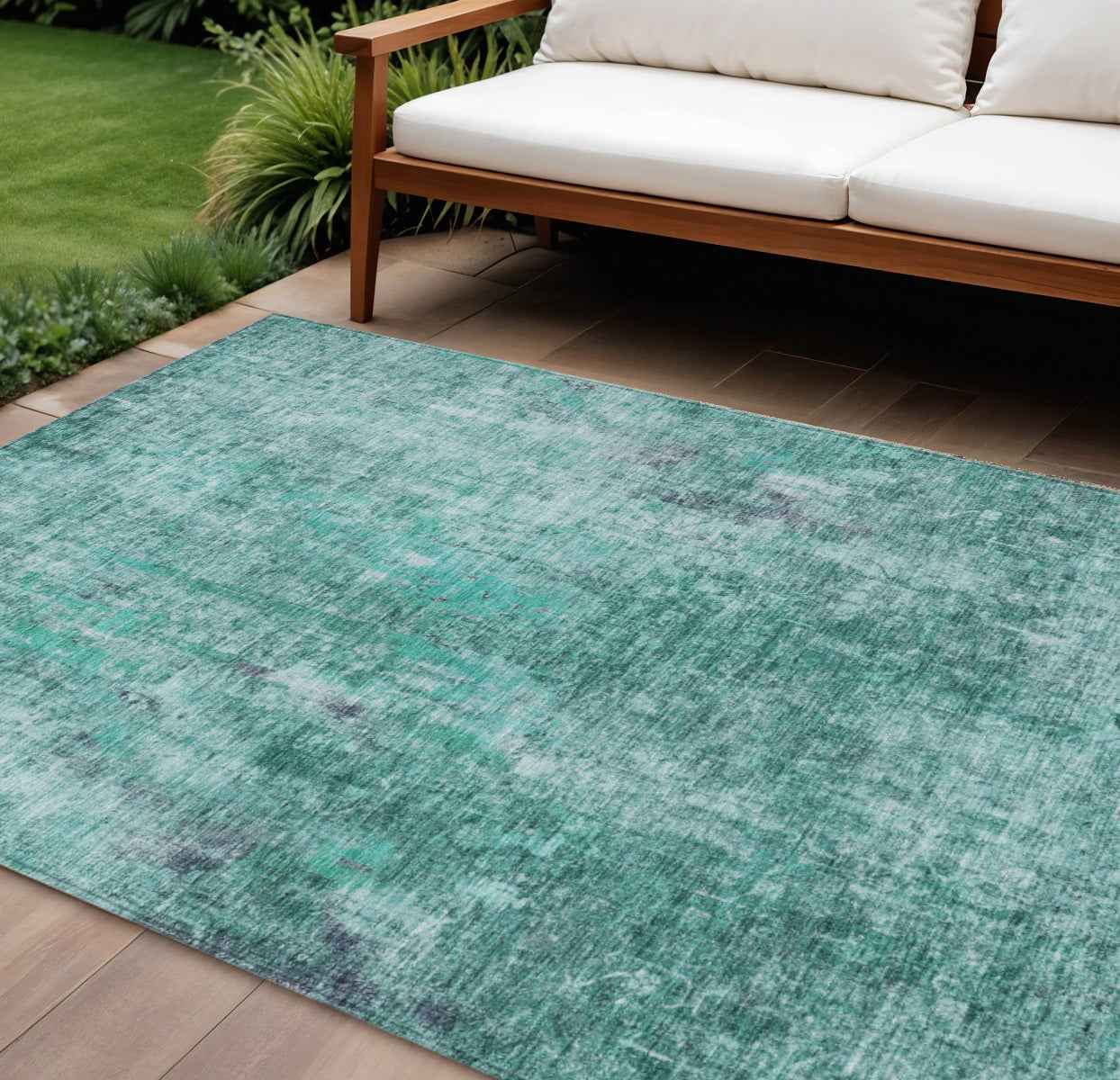 9' X 12' Teal Blue Green And Gray Abstract Washable Indoor Outdoor Area Rug