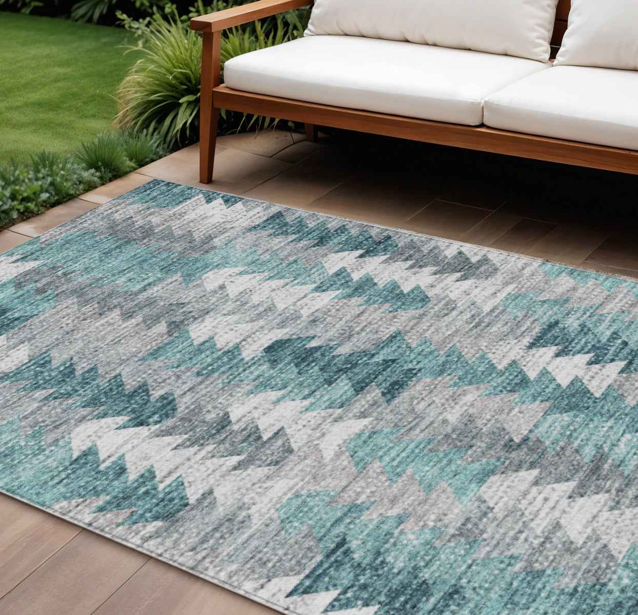 10' X 14' Dark Blue Aqua And Gray Geometric Washable Indoor Outdoor Area Rug