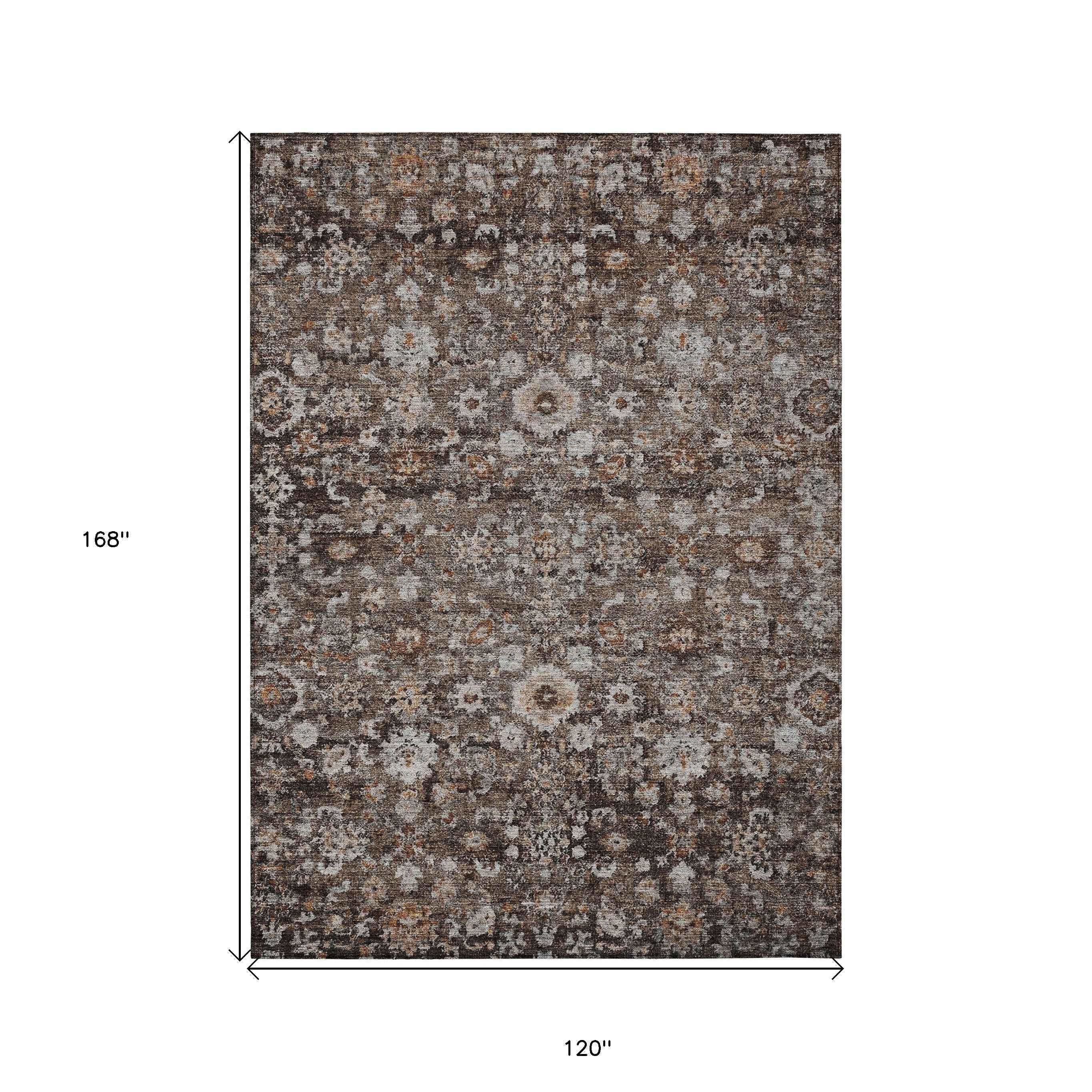 10' X 14' Dark Brown Brown And Taupe Oriental Washable Indoor Outdoor Area Rug