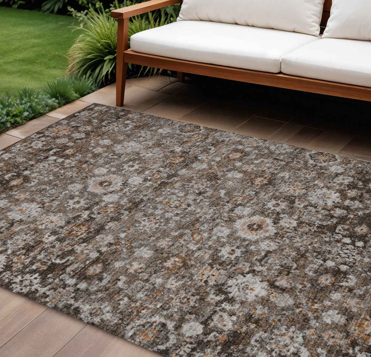 10' X 14' Dark Brown Brown And Taupe Oriental Washable Indoor Outdoor Area Rug