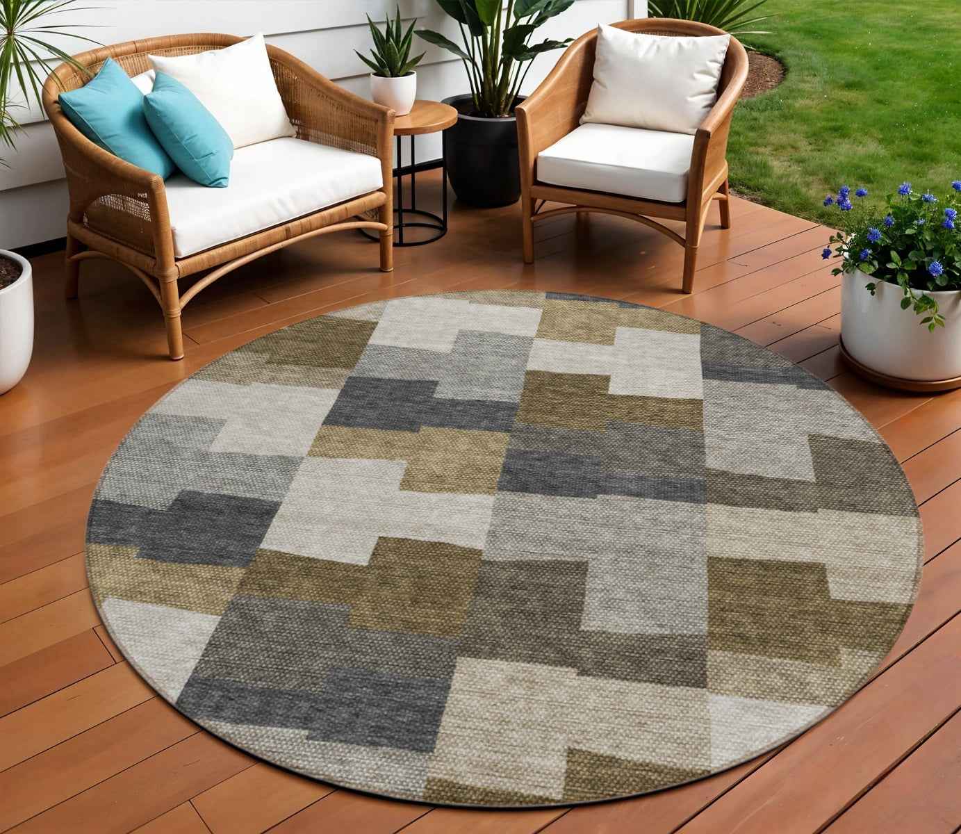 8' Brown Beige And Ivory Round Geometric Washable Indoor Outdoor Area Rug