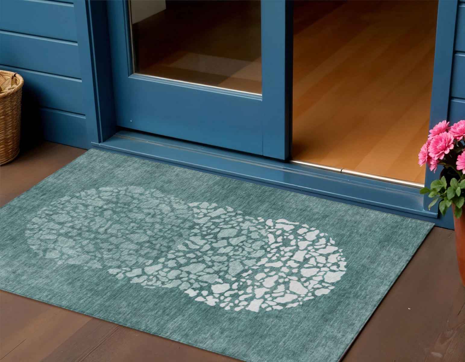 3' X 5' Dark Green Aqua And Ivory Abstract Washable Indoor Outdoor Area Rug