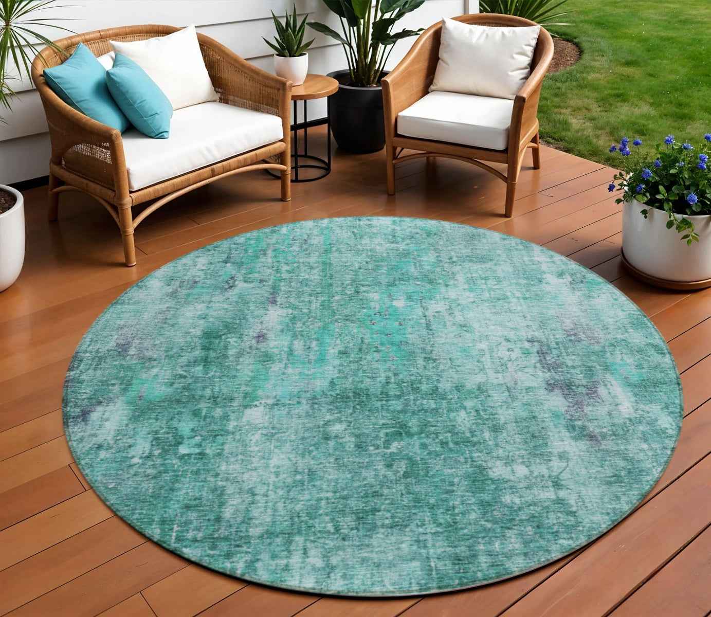 8' Teal Blue Green And Gray Round Abstract Washable Indoor Outdoor Area Rug