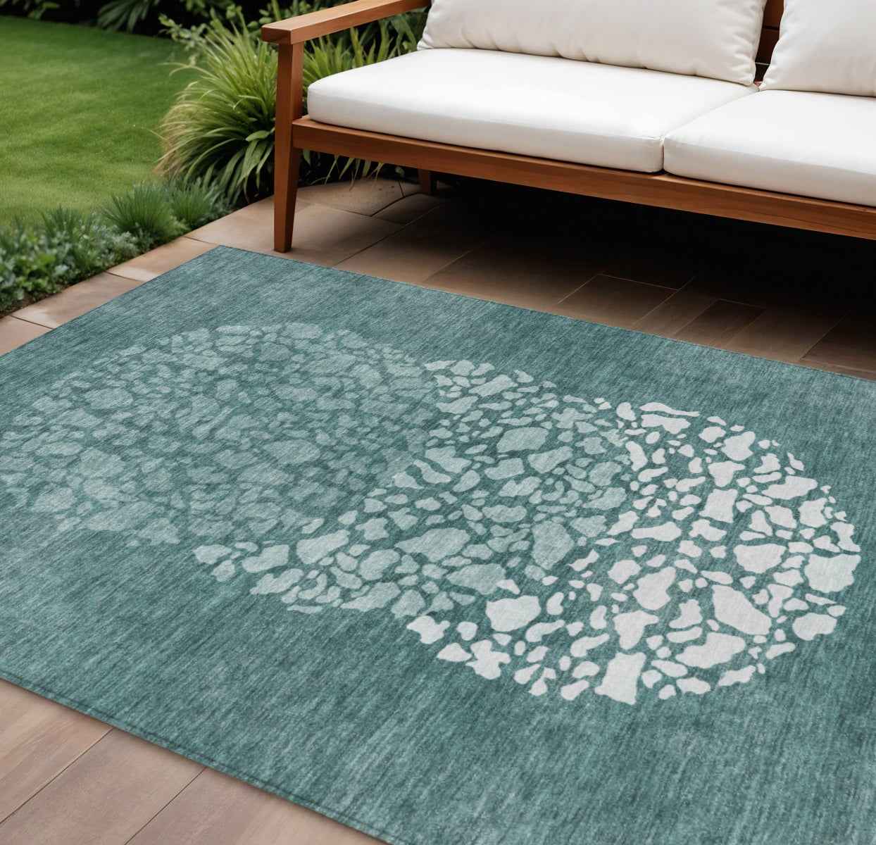 8' X 10' Dark Green Aqua And Ivory Abstract Washable Indoor Outdoor Area Rug