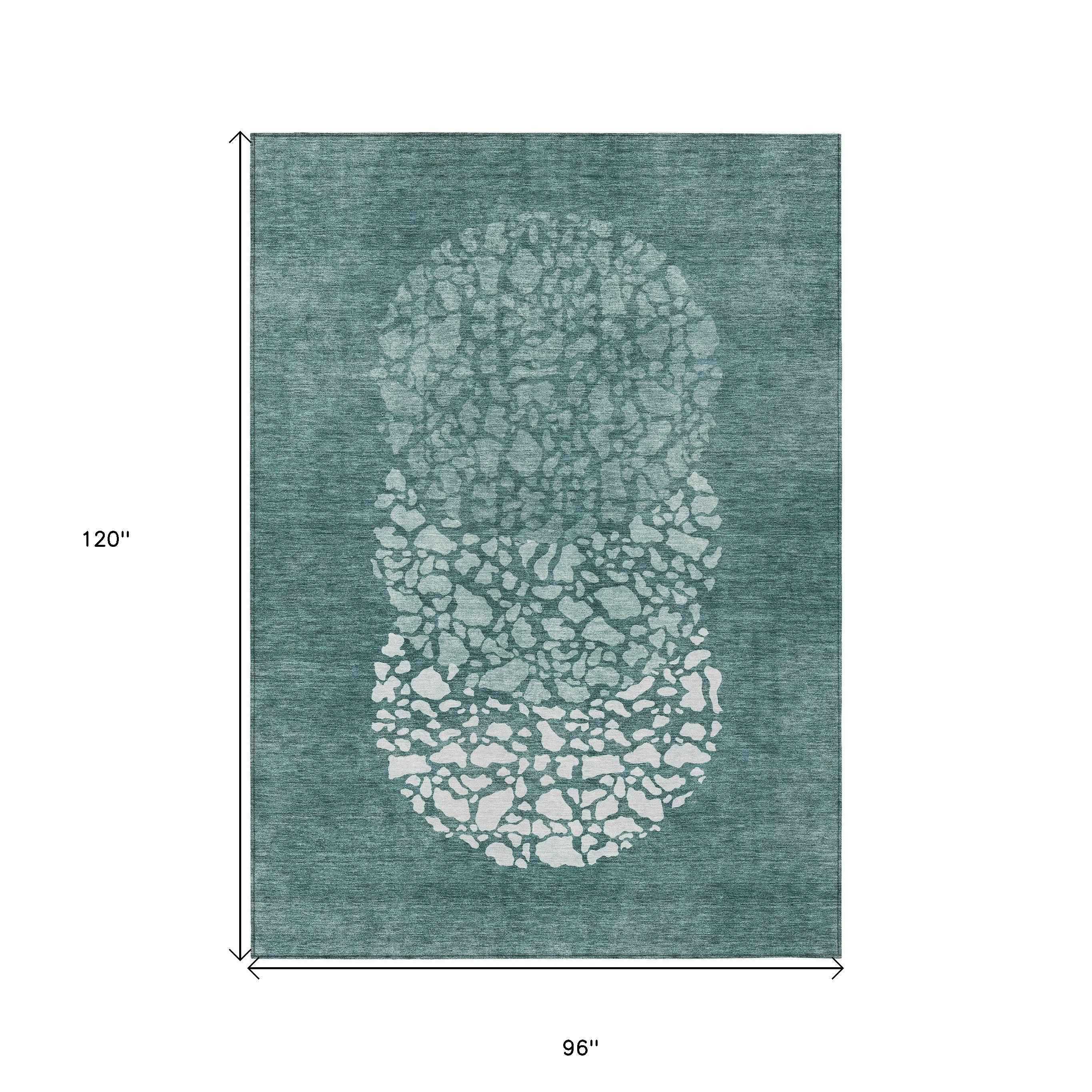 8' X 10' Dark Green Aqua And Ivory Abstract Washable Indoor Outdoor Area Rug