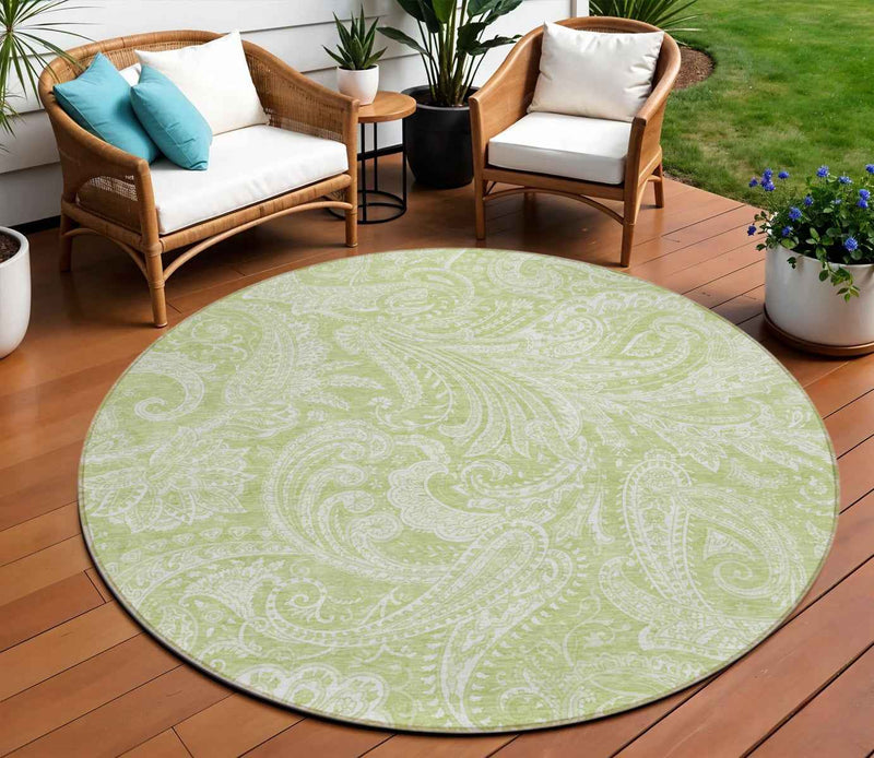 8' Green And Ivory Round Paisley Washable Indoor Outdoor Area Rug