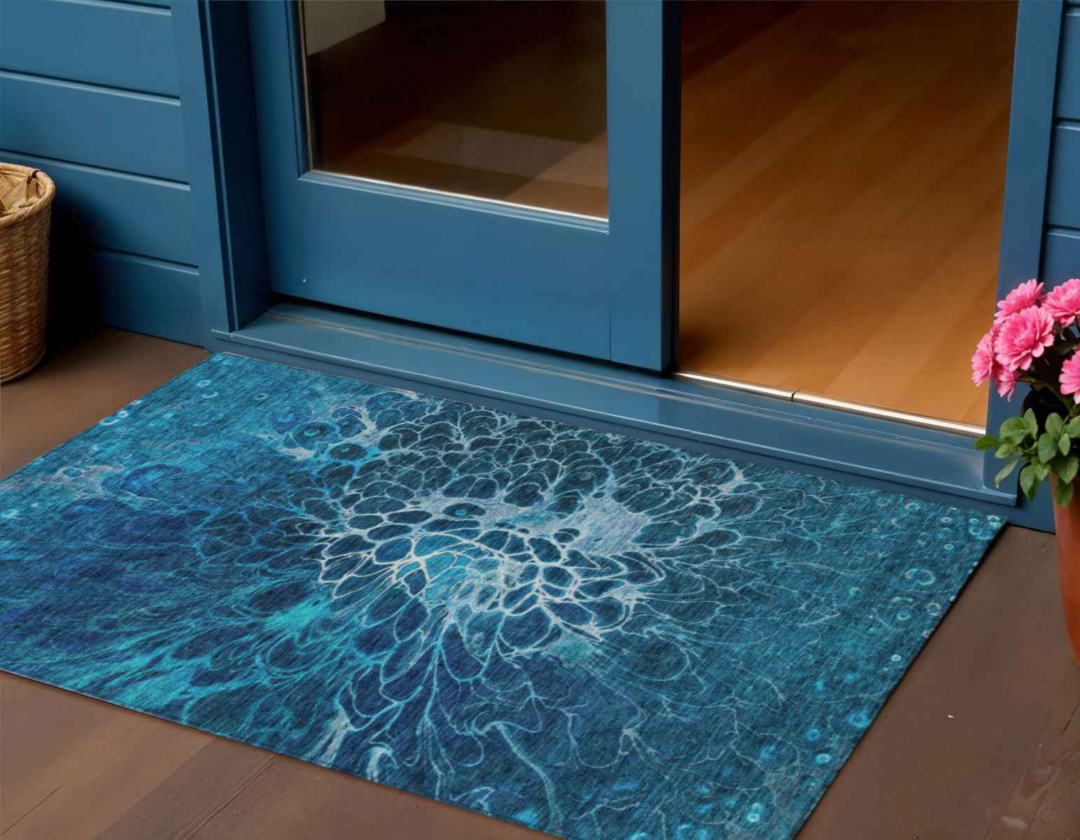 3' X 5' Navy Blue And Sky Blue Abstract Washable Indoor Outdoor Area Rug