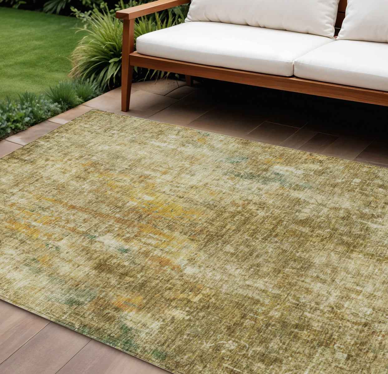 10' X 14' Brown Beige And Gold Abstract Washable Indoor Outdoor Area Rug