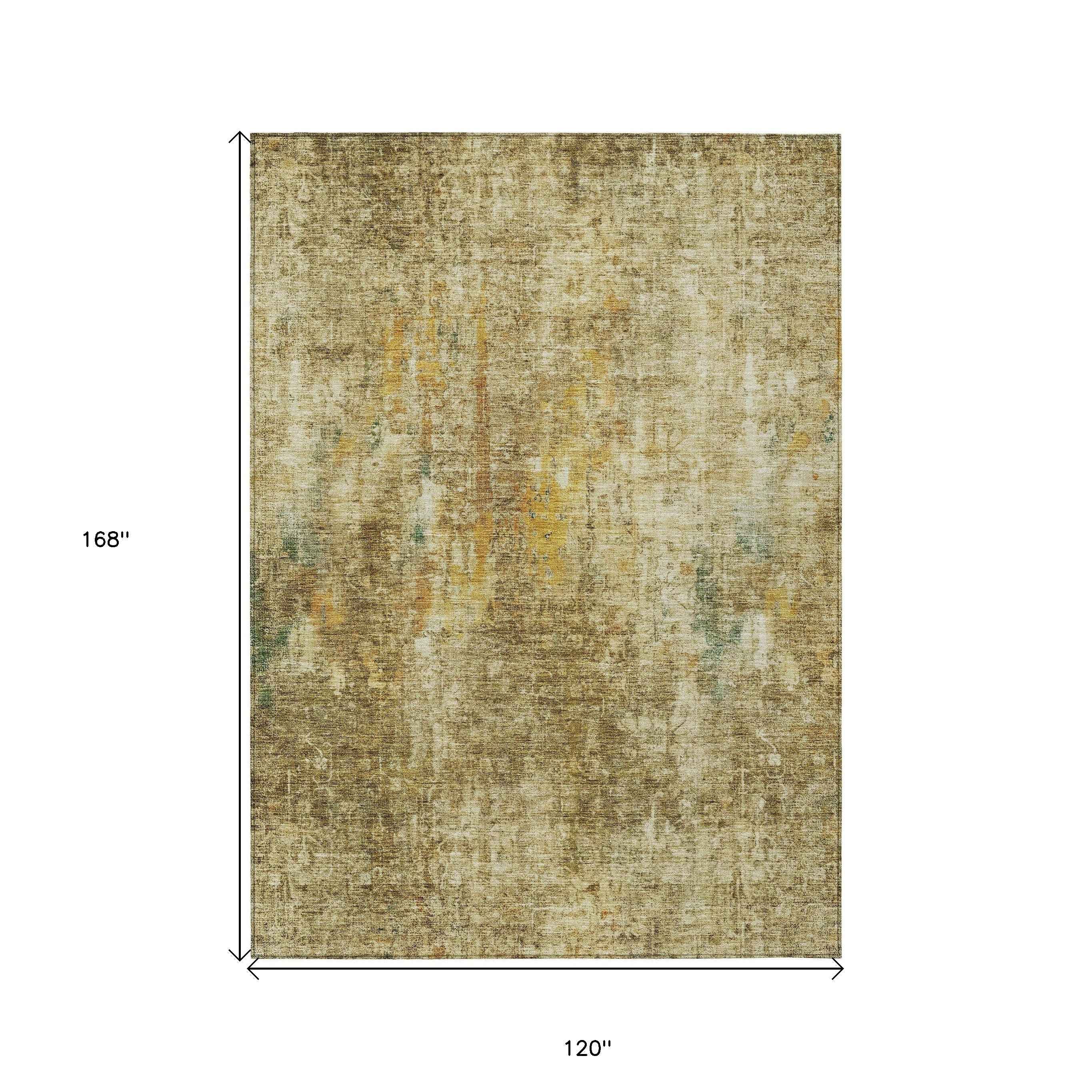 10' X 14' Brown Beige And Gold Abstract Washable Indoor Outdoor Area Rug