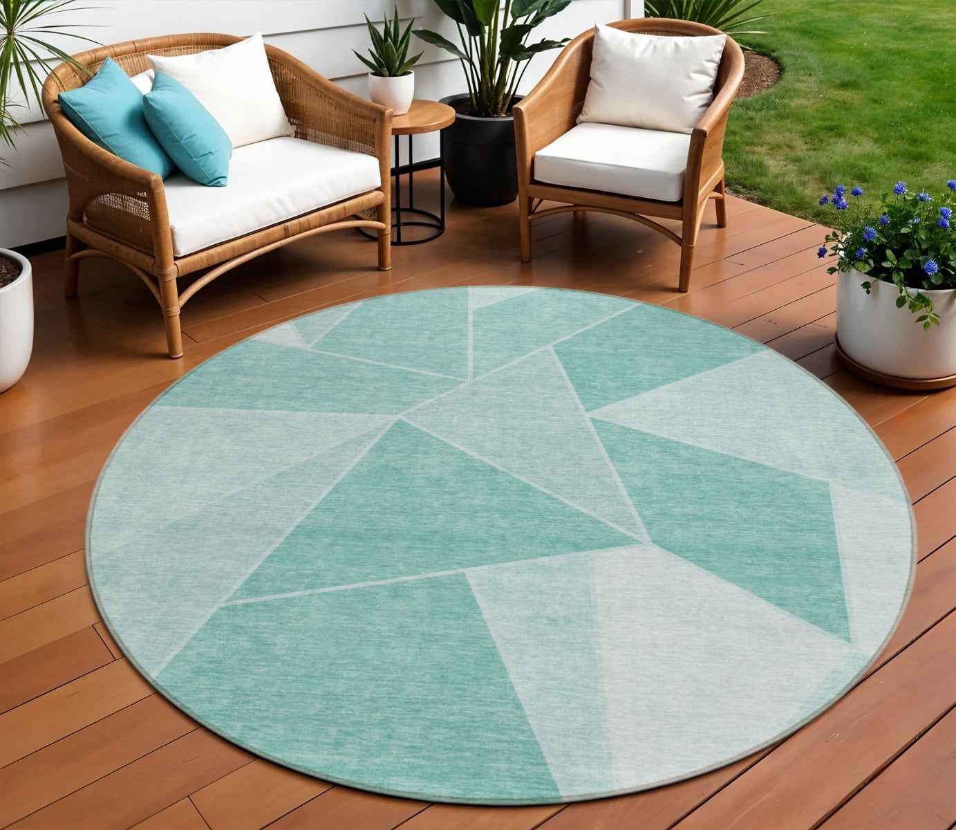 8' Mint Green And Aqua Round Geometric Washable Indoor Outdoor Area Rug