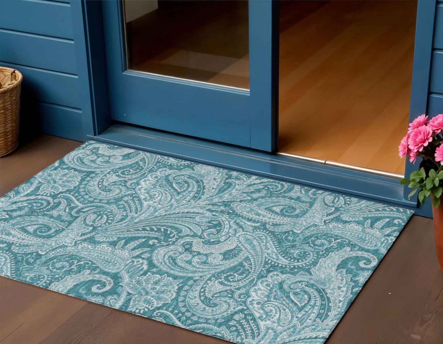 3' X 5' Turquoise And Ivory Paisley Washable Indoor Outdoor Area Rug