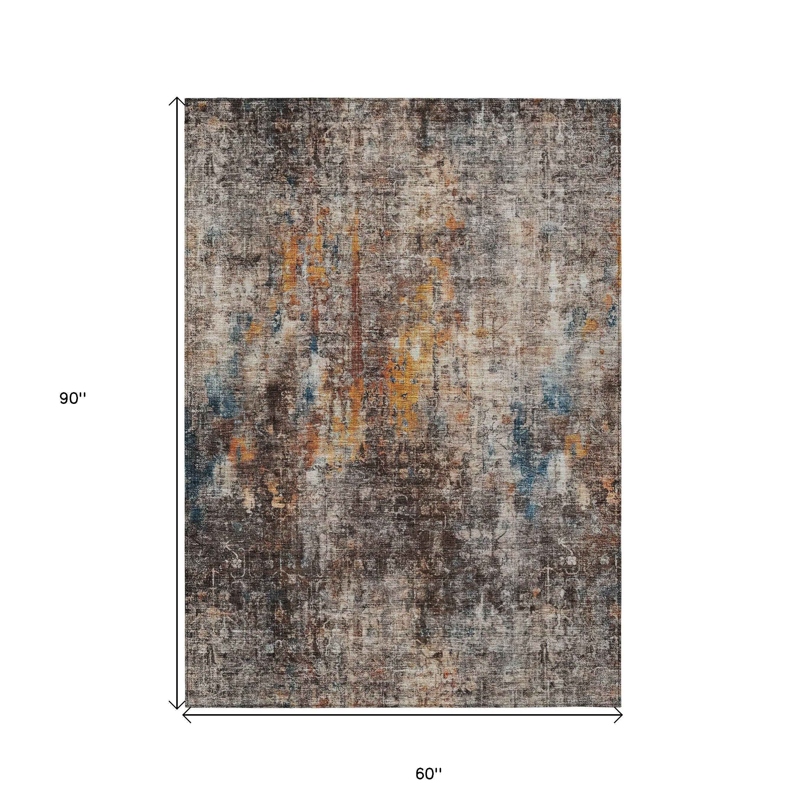 5' X 8' Taupe Chocolate And Copper Abstract Washable Indoor Outdoor Area Rug