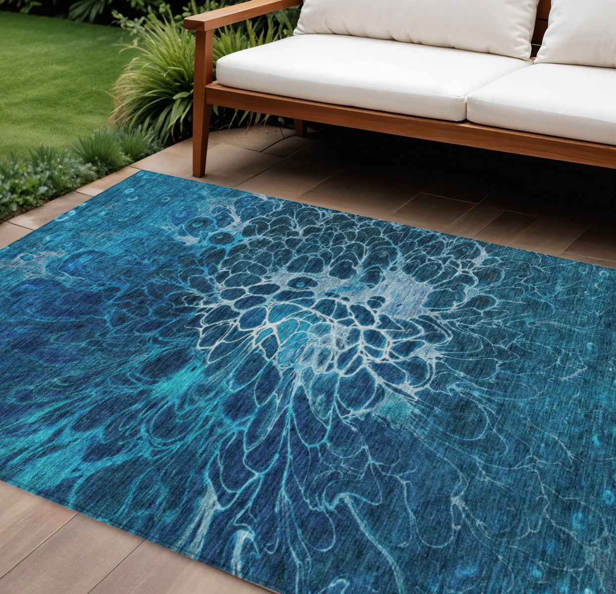 8' X 10' Navy Blue And Sky Blue Abstract Washable Indoor Outdoor Area Rug