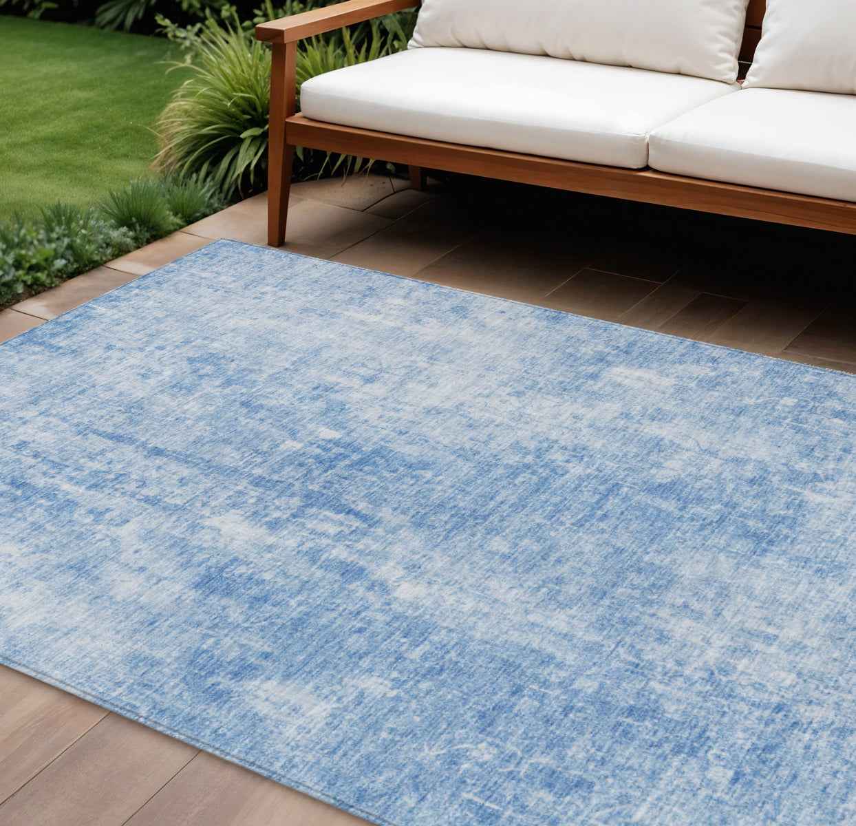 9' X 12' Denim Blue And Ivory Abstract Washable Indoor Outdoor Area Rug