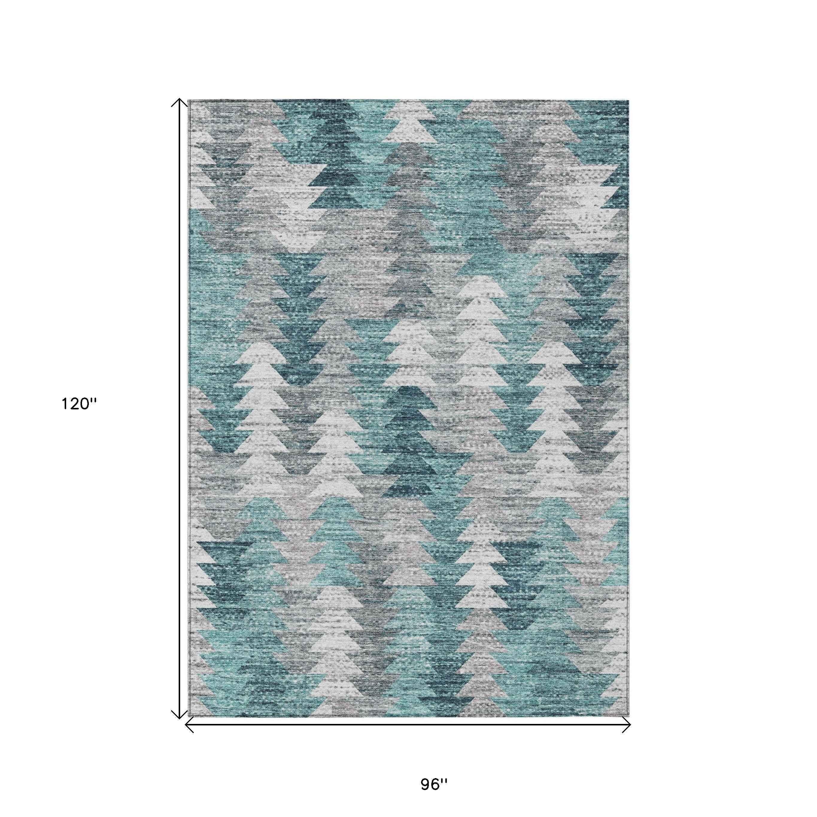 8' X 10' Dark Blue Aqua And Gray Geometric Washable Indoor Outdoor Area Rug