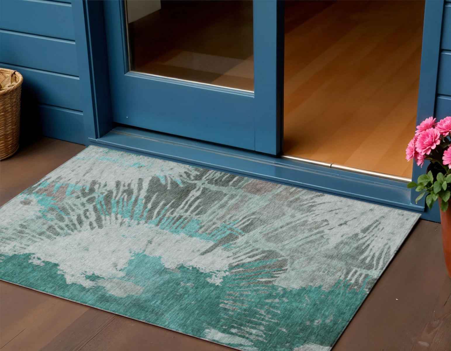 3' X 5' Dark Green Aqua And Gray Abstract Washable Indoor Outdoor Area Rug