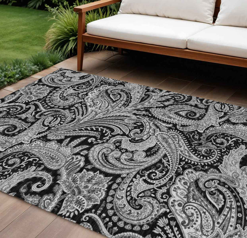 8' X 10' Black Gray And White Paisley Washable Indoor Outdoor Area Rug