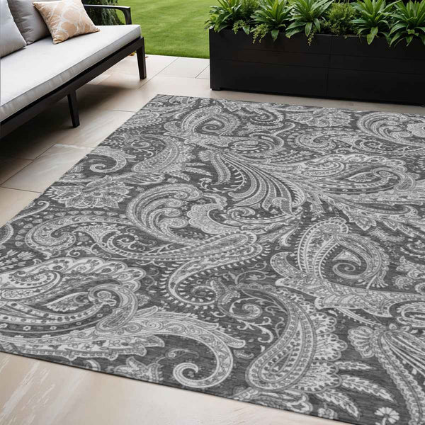 5' X 8' Gray Charcoal And Ivory Paisley Washable Indoor Outdoor Area Rug