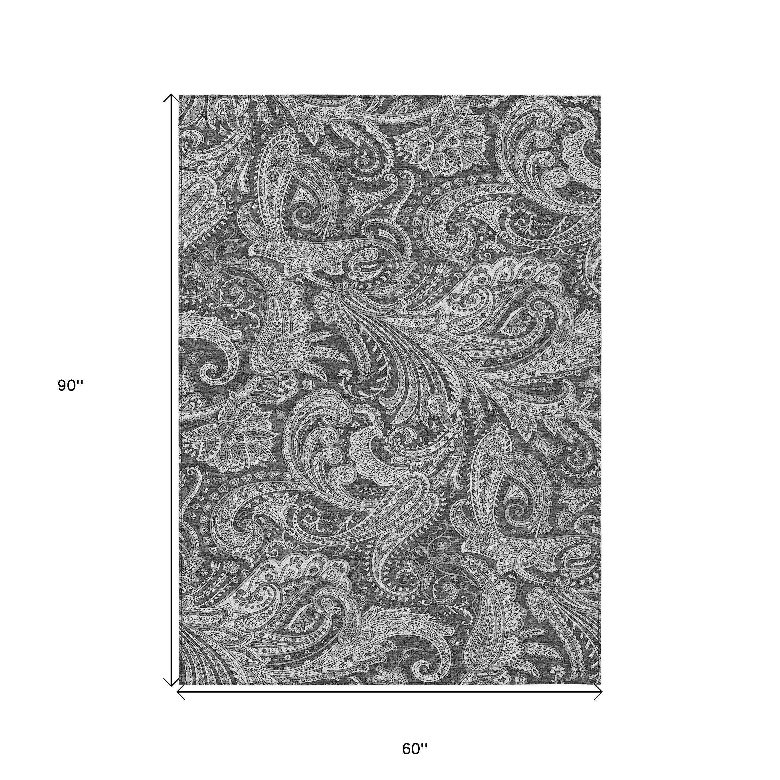 5' X 8' Gray Charcoal And Ivory Paisley Washable Indoor Outdoor Area Rug
