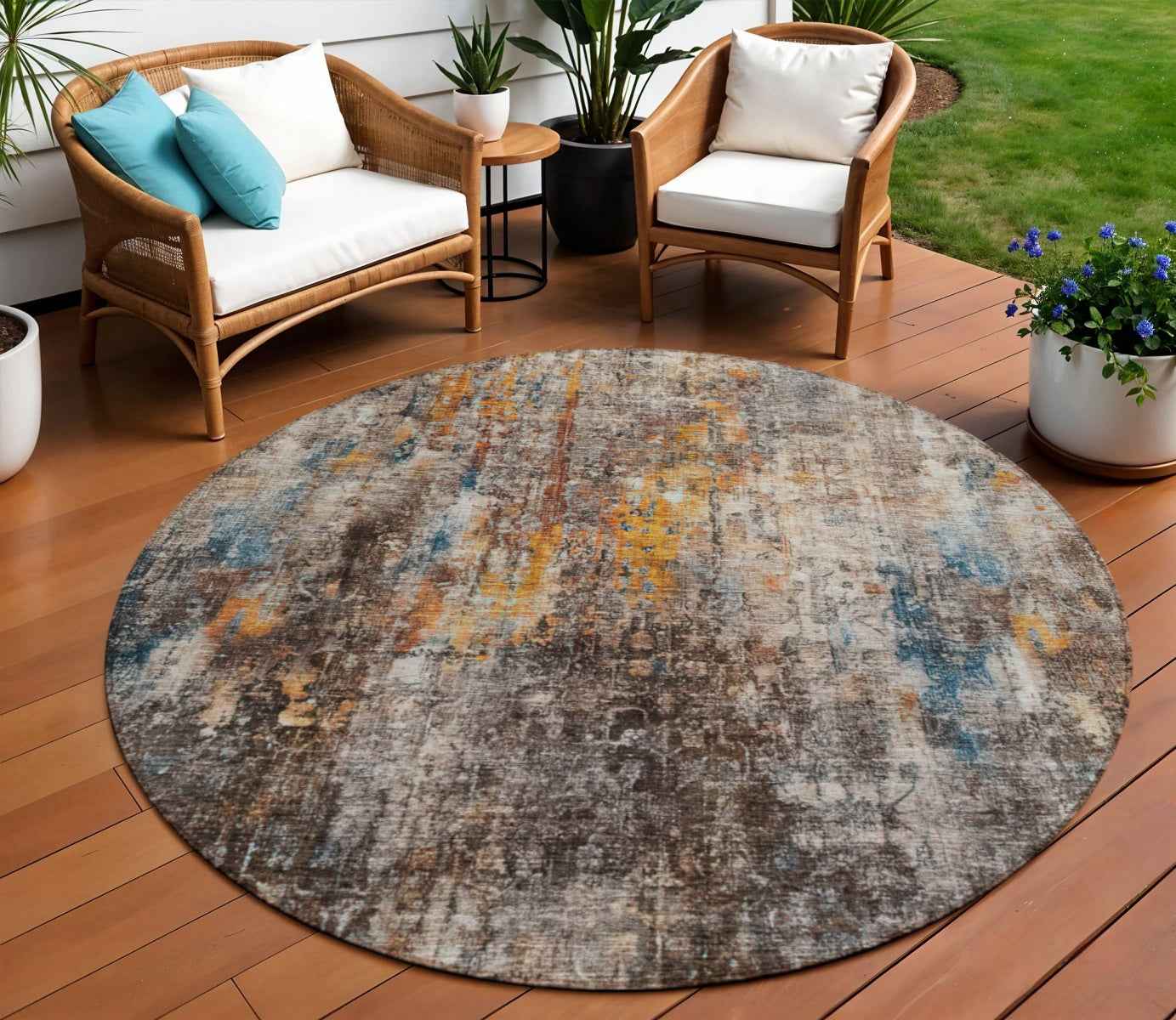 8' Taupe Chocolate And Copper Round Abstract Washable Indoor Outdoor Area Rug