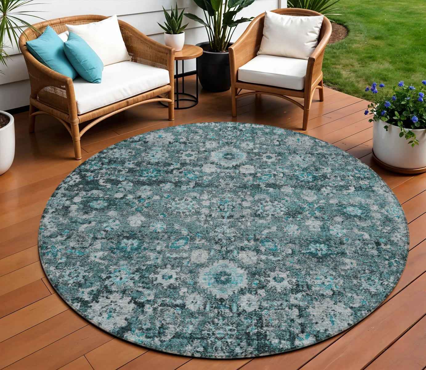 8' Dark Green Aqua And Charcoal Round Oriental Washable Indoor Outdoor Area Rug