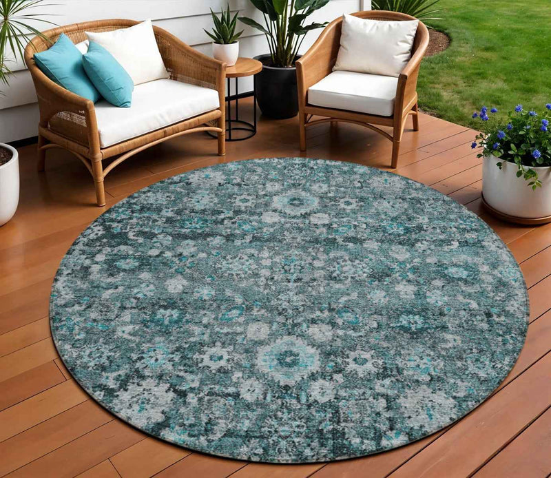 8' Dark Green Aqua And Charcoal Round Oriental Washable Indoor Outdoor Area Rug