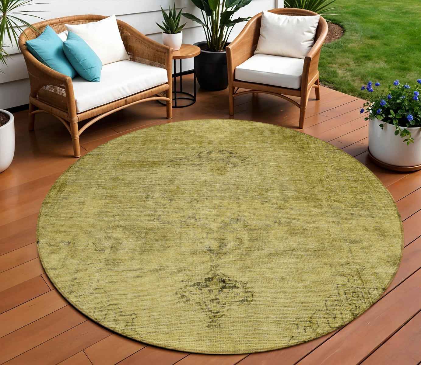 8' Gold Brown And Wheat Round Oriental Washable Indoor Outdoor Area Rug
