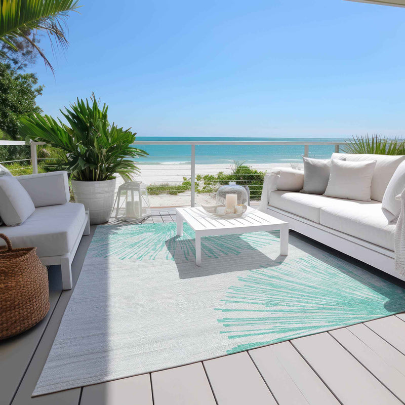 10' X 14' Aquamarine And Ivory Abstract Washable Indoor Outdoor Area Rug