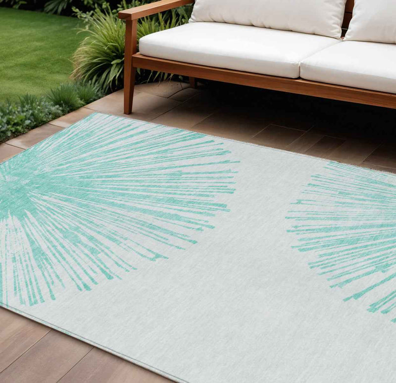 8' X 10' Aquamarine And Ivory Abstract Washable Indoor Outdoor Area Rug
