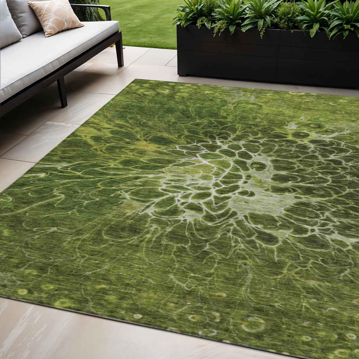 5' X 8' Olive Green And Sage Abstract Washable Indoor Outdoor Area Rug