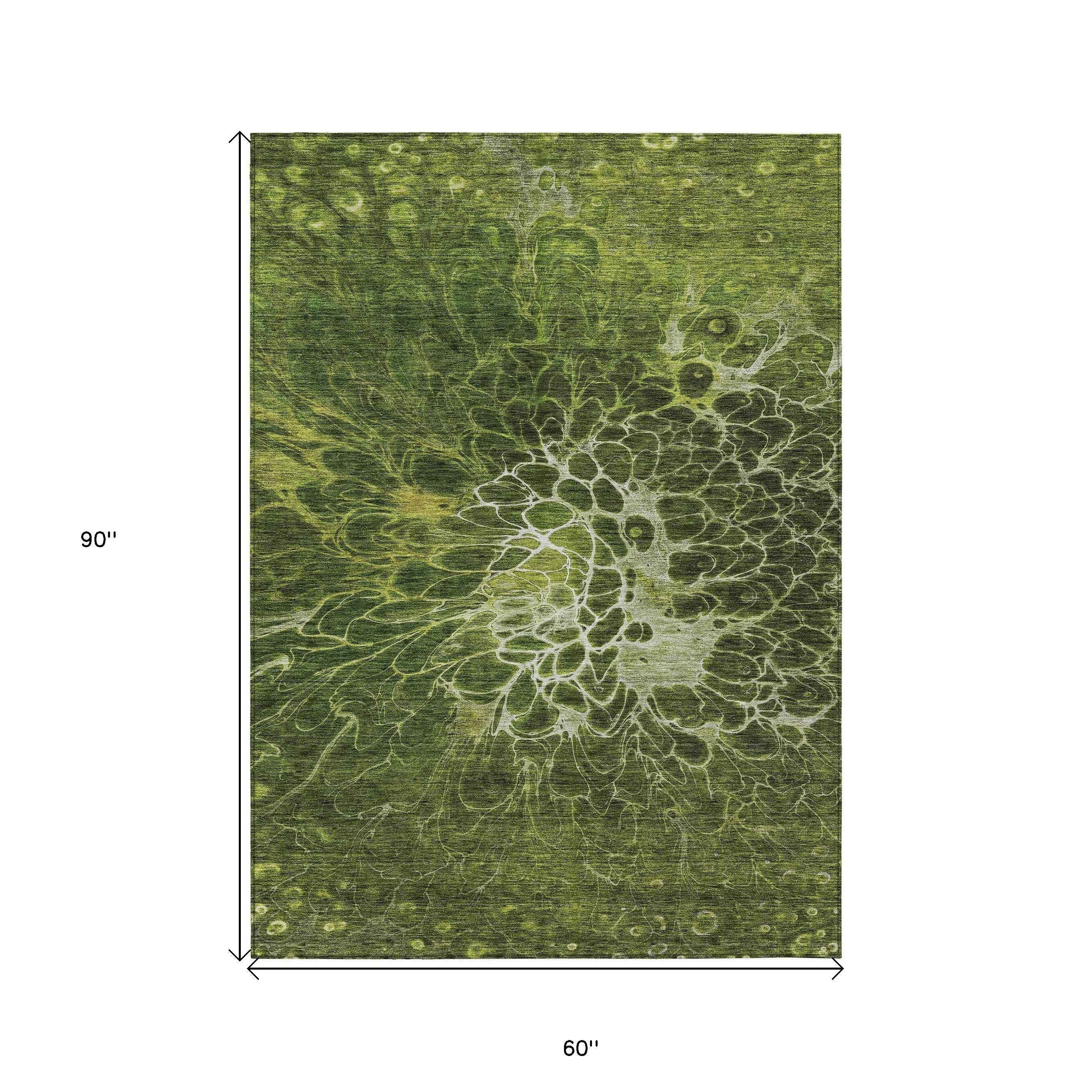 5' X 8' Olive Green And Sage Abstract Washable Indoor Outdoor Area Rug