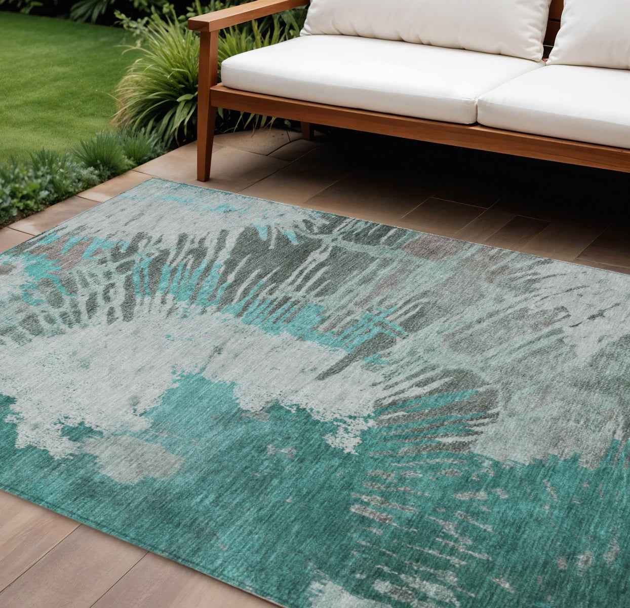 10' X 14' Dark Green Aqua And Gray Abstract Washable Indoor Outdoor Area Rug
