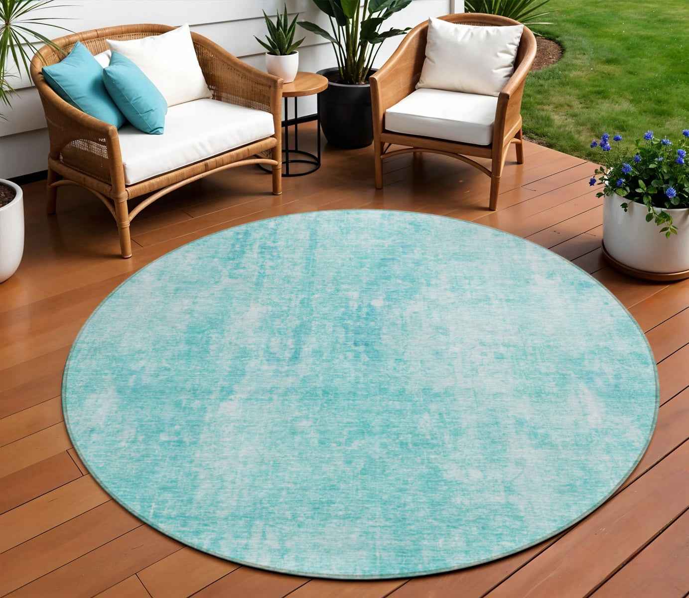 8' Teal Blue And Ivory Round Abstract Washable Indoor Outdoor Area Rug